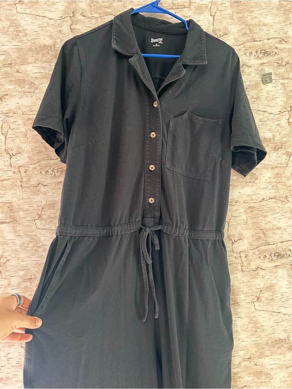 Duluth Trading Co Knit Button Front Tie Waist Knit Cropped Jumpsuit - Picture 5 of 7